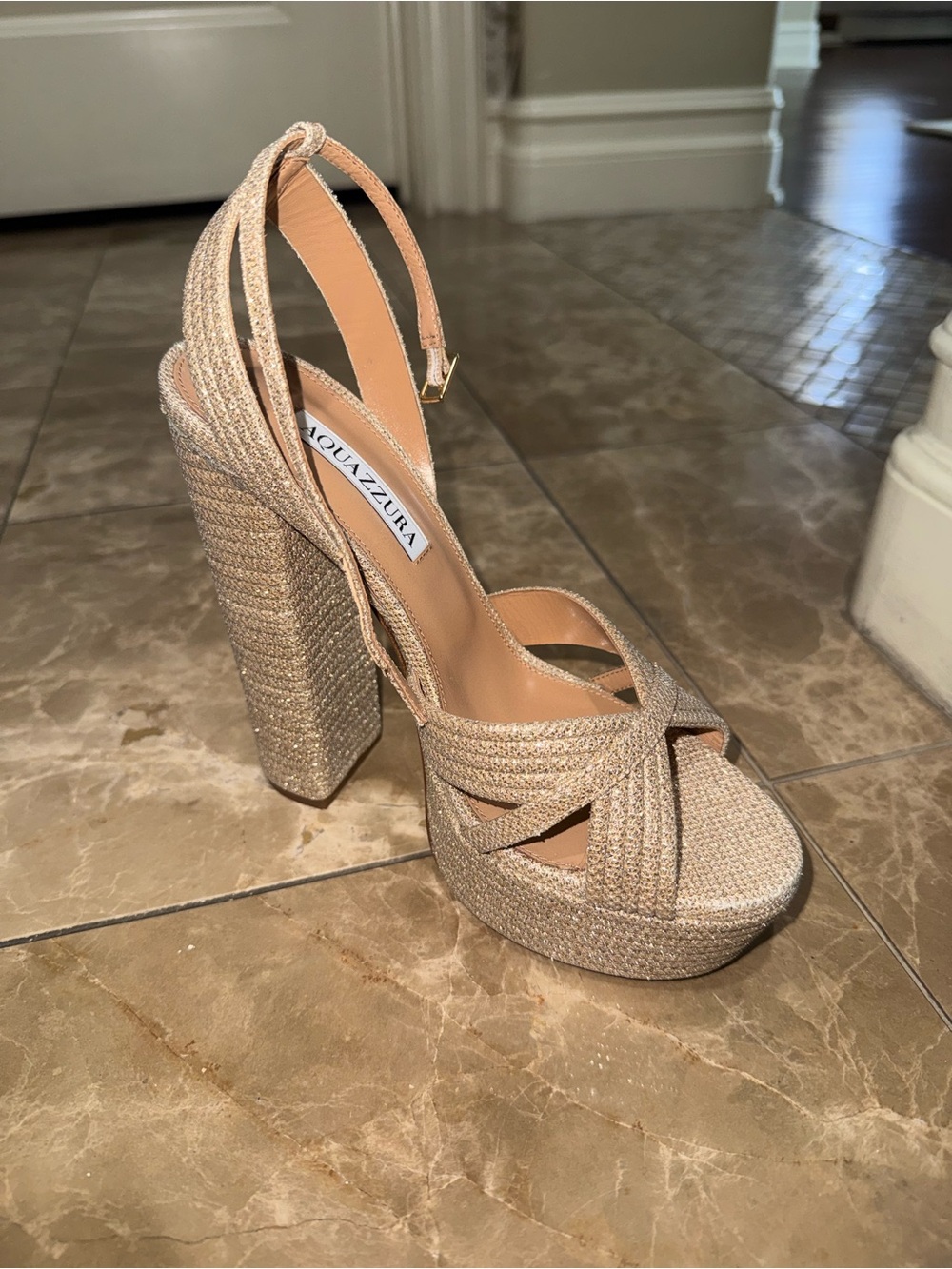 Aquazzura Natural Beige Woven Platform Sandals